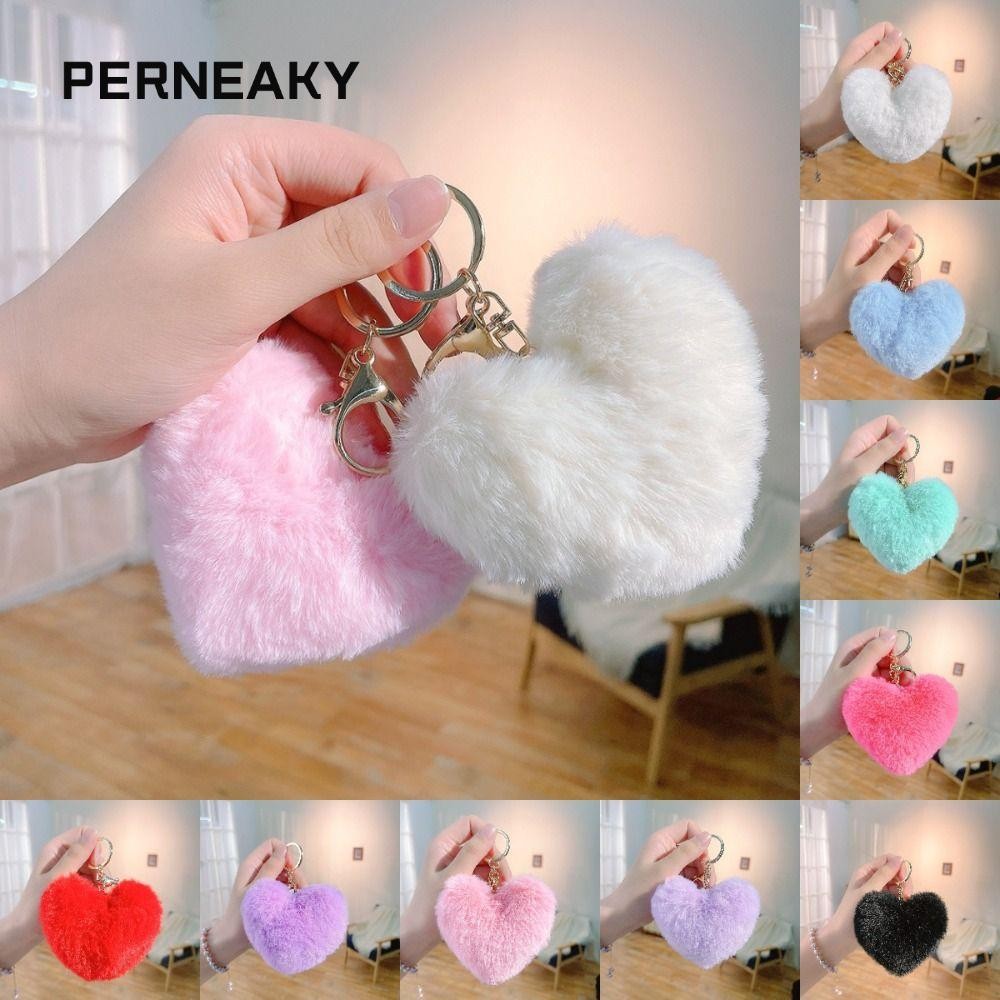 Perneaky จี้กระเป๋าตุ๊กตา, ปุยบอลเลียนแบบกระต่ายขนพวงกุญแจ, สีทึบหัวใจรักกระเป๋าอุปกรณ์เสริมแหวนกุญแจรถ