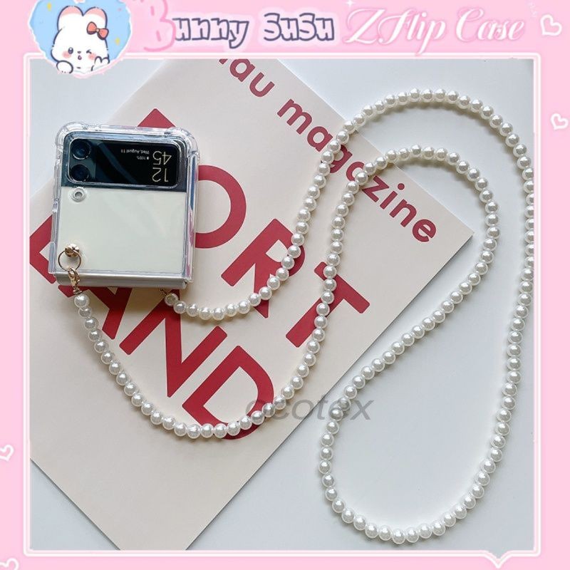 เคส Samsung Z Flip 4 - Z Flip 3 - Z Flip3 - Flip4 5G พร้อมสายมุกยาวหรูหรา