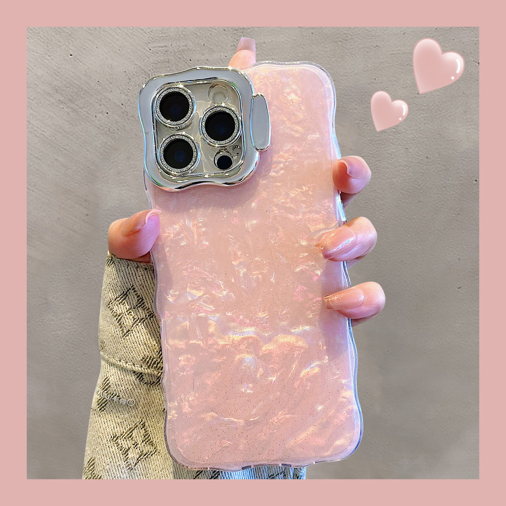สําหรับ iPhone 16 Pro Max 15 14 Plus 16Pro สีชมพูและสีขาวรูปแบบเปลือกเคสโทรศัพท์พร้อมขายึดฟังก์ชั่นเลนส์แหวนสําหรับ iPhone 11 12 13 Pro Max ซิลิโคนอ่อนนุ่มกันกระแทก