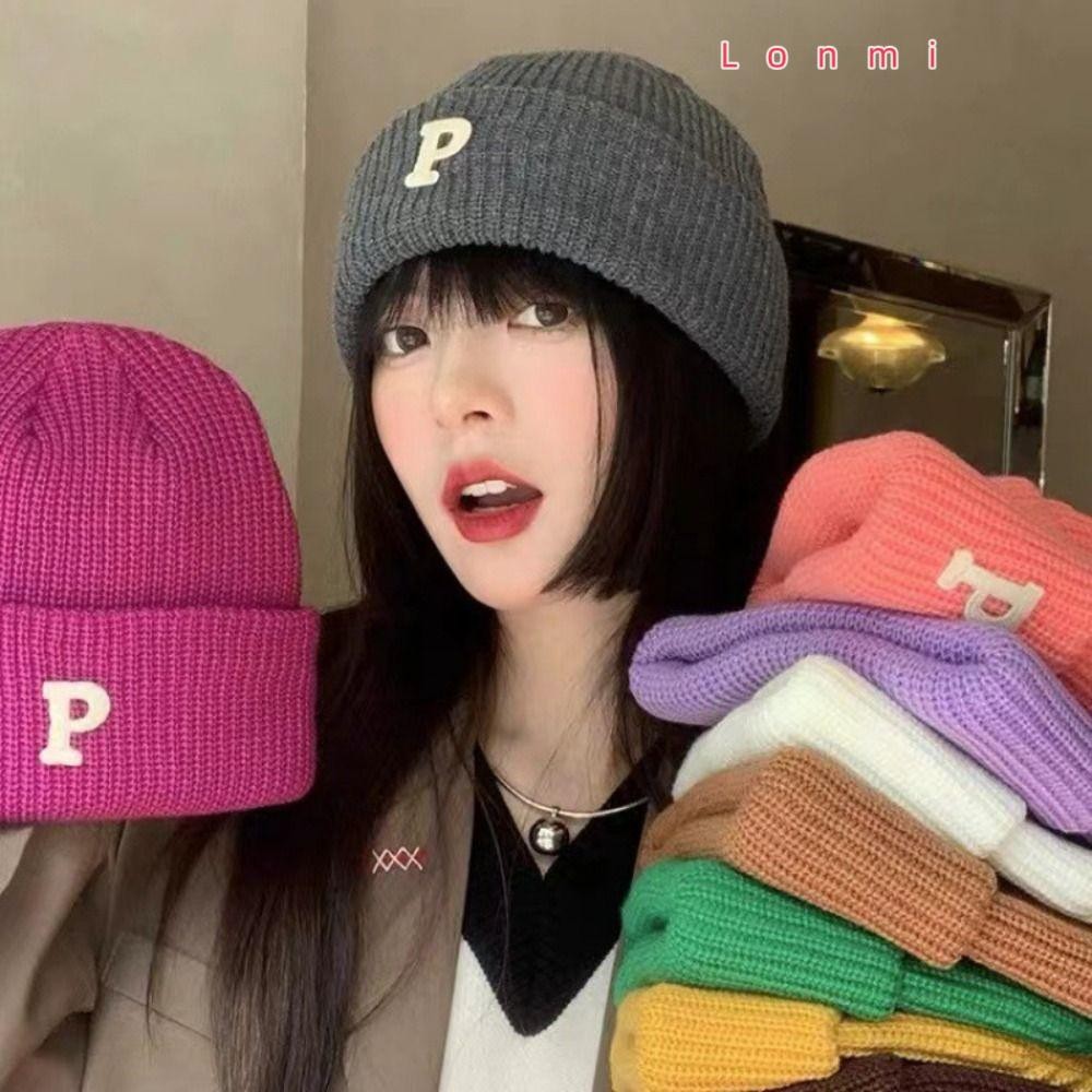 Lonmi ถักหมวก, เส้นด้ายขนสัตว์ฤดูหนาว Warm ขนแกะถักหมวก, แฟชั่น P-ตัวอักษร Cuff ถัก Beanie ผู้หญิง