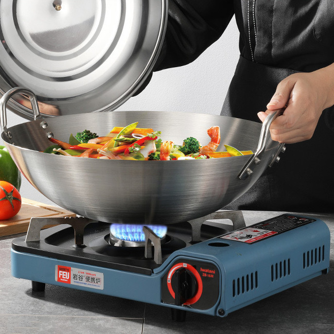 กระทะสแตนเลสเกรดอาหาร กระทะหูคู่หนาในครัวเรือน กระทะก้นกลม ไม่เคลือบ 30ซม.-50ซม. หม้อพิเศษสำหรับโรงอาหารในครัวของโรงแรม