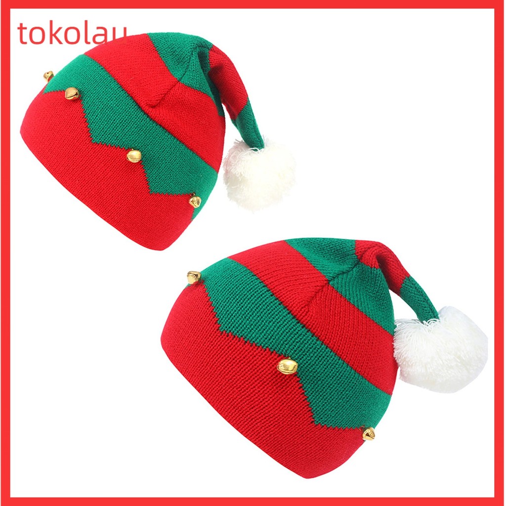 [TOLO] ฤดูใบไม้ร่วงฤดูหนาวคลาสสิกสีแดงสีเขียว Splicing Santa หมวก Plush Ball Bells ตกแต่งถักหมวกทําด้วยผ้าขนสัตว์แม่ลูกคริสต์มาสหมวกบีนนี่