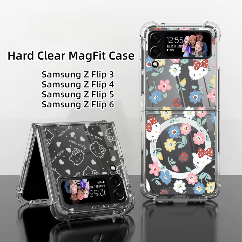 สําหรับ Samsung Z Flip6 Sanrio การ์ตูน Hello Kitty ดอกไม้บอลลูนกันกระแทกถุงลมนิรภัยแม่เหล็กเคสโทรศัพท์ Samsung Z Flip 5 4 3 Anti-Slip กันกระแทกเต็มแพคเกจโปร่งใส