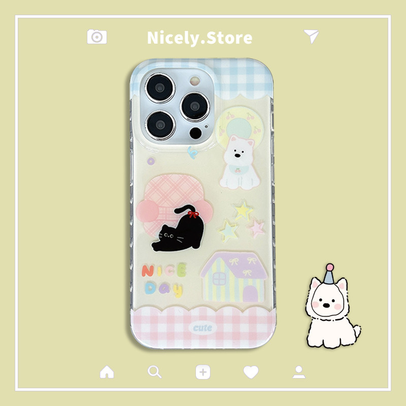 น่ารักแมวดําสุนัขสีขาว West Highland White Terrierลายสก๊อตเคสโทรศัพท์สําหรับiPhone 16 15 14 13 12 Pro Max 14Pro 13Promax IMD Anti-Scratchปกหลัง