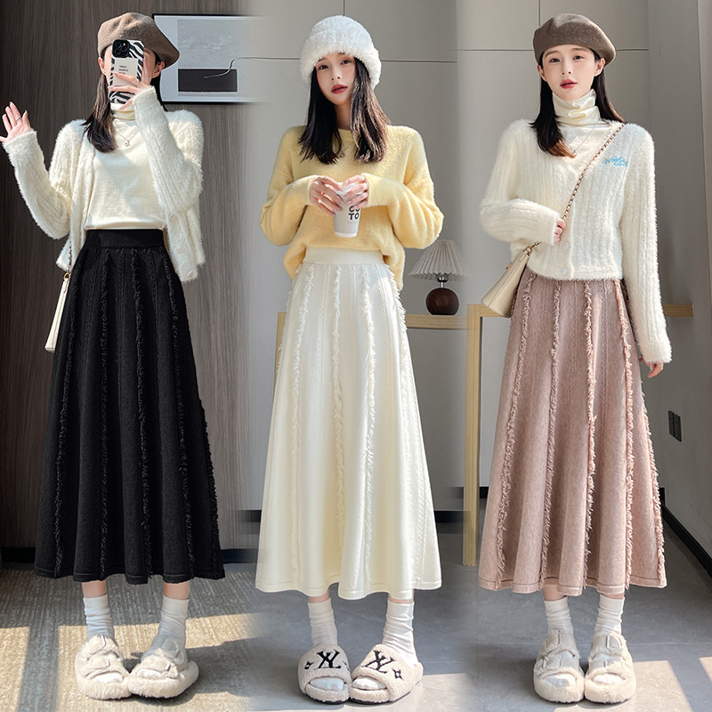 Suxi ฝรั่งเศสย้อนยุคสง่างามฤดูใบไม้ร่วงของผู้หญิง Midi ยาวถักกระโปรงทรงเอ 241015