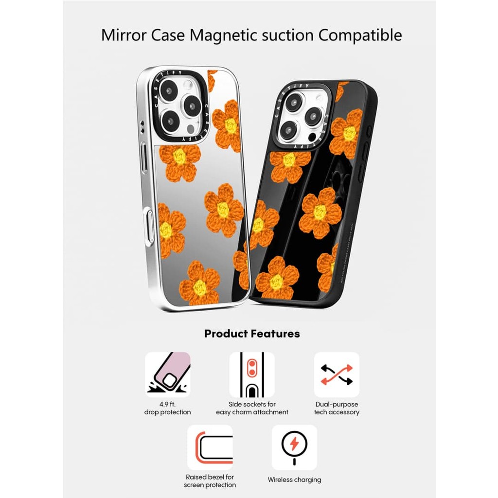 Casetify X ถักดอกไม้แม่เหล็กดูด Black & Sliver กระจก IPhone กรณี IPhone 16 15 14 13 12 Pro Max Plus Hard กลับกรณีฝาครอบกล่องแกะสลักโลโก้