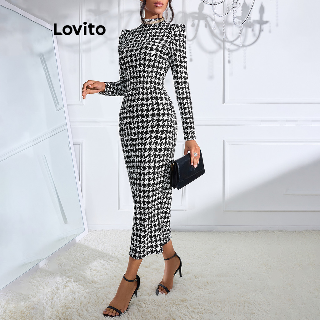 Lovito เดรสผู้หญิง ฮาวด์สทูธ ลายเรขาคณิต เปิดหลัง สไตล์เซ็กซี่ LBL12360