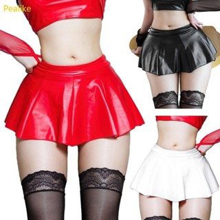Pealike ผู้หญิงฤดูร้อน PU หนังเทียมสีทึบจีบกระโปรงมินิเอวกระ…
