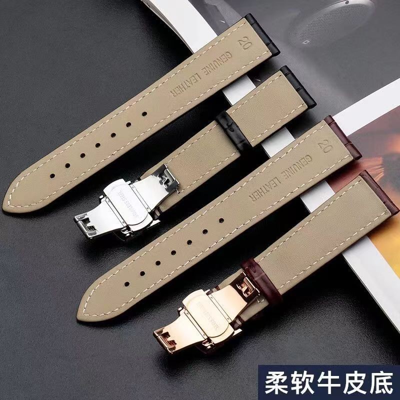 Omega สายนาฬิกาหนังวัวแท้ Omega Omega Omega ชายหญิง Butterfly Buckle Butterfly Flying 20m