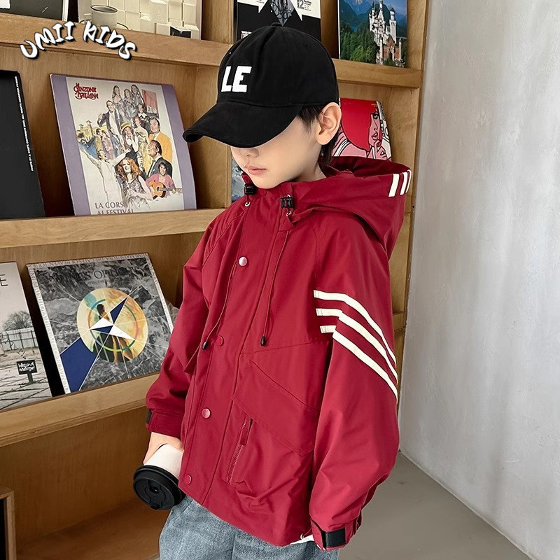 UMII KIDS แจ็คเก็ต คาร์ดิแกน เสื้อคลุม แขนยาว เด็กผู้ชาย สีแดง fashion เสื้อฮู้ด