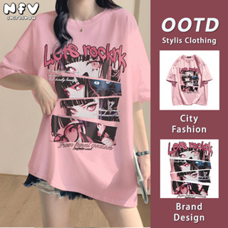 NFV ทรงหลวม✨ผ้าฝ้าย 100% ลายพิมพ์อนิเมะผู้หญิง แขนสั้น คอกลม…