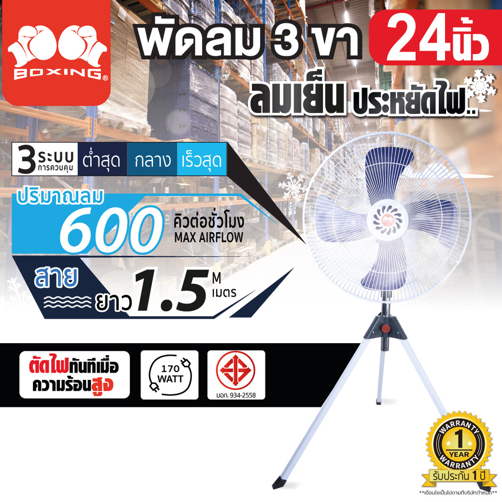 พัดลม 3 ขา BOXING 24” (สีฟ้า) พัดลม 3 ขา ขนาดใบพัด 24 นิ้ว จำนวน 4 ใบพัด ปรับได้