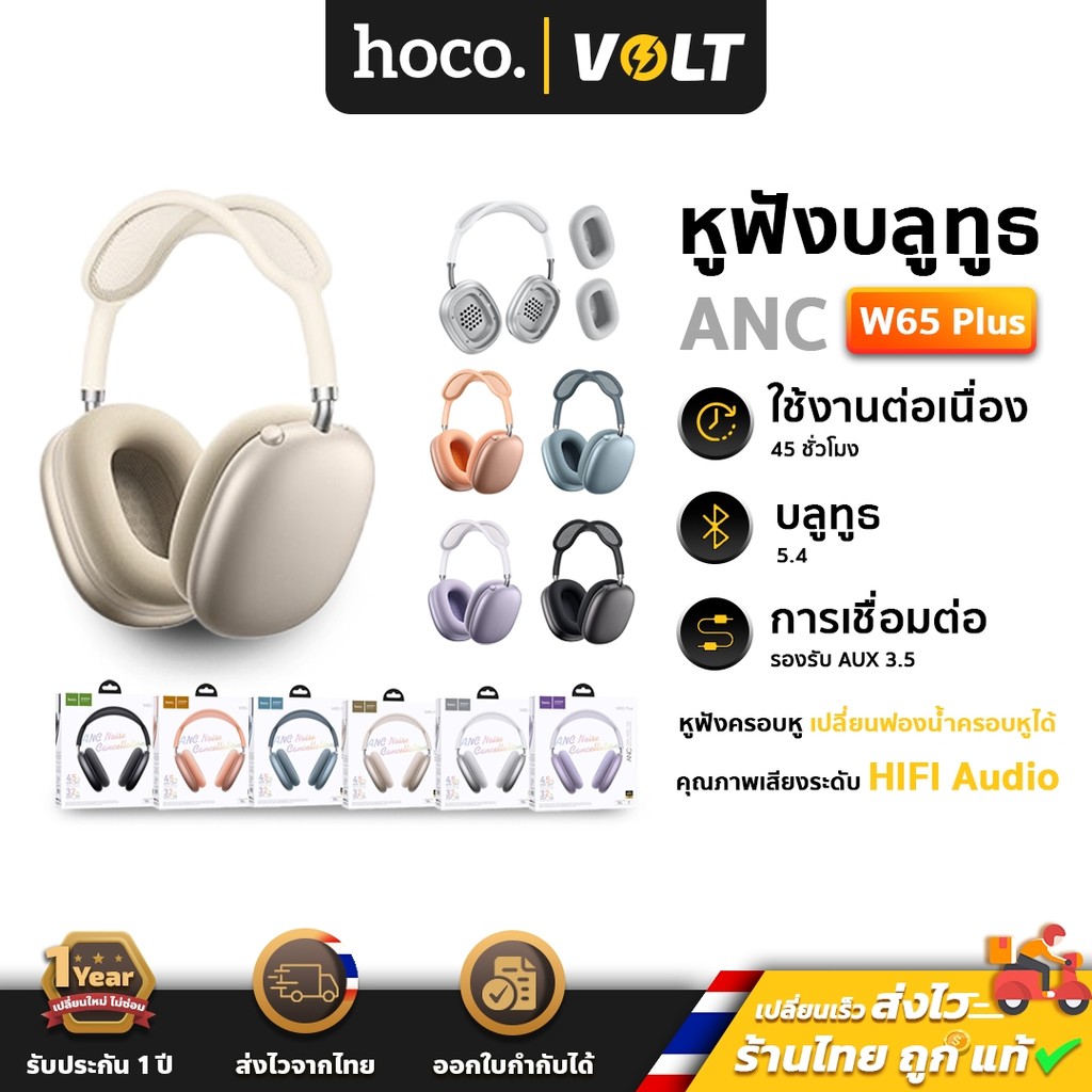 Hoco W65 Plus หูฟังบลูทูธ ตัดเสียงรบกวน ANC แบตอึด 45 ชม. เปลี่ยนที่ครอบหูได้ รองรับ AUX BT 5.4 hc3