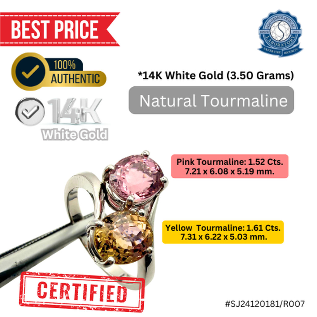 แหวน Two-Tone ทองคำขาว Size #51 (14K WG, 3.50g ) Ring with Pink Tourmaline (1.52ct) + Yellow Tourmal