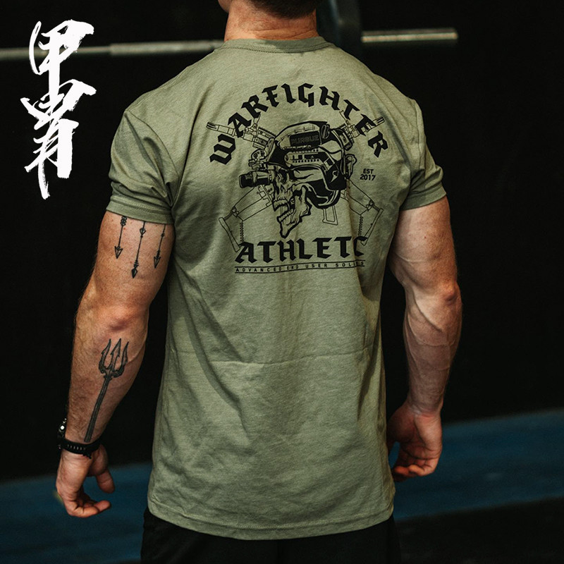 สินค้าขายดีใหม่ WARFIGHTER ชุดหมวกกันน็อคยุทธวิธีพิมพ์เสื้อยืดผ้าฝ้ายแท้ แขนสั้นกีฬาฟิตเนส