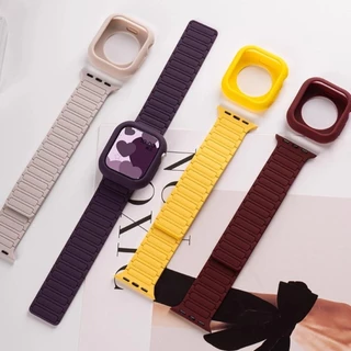 สายรัดข้อมือสายรัดแม่เหล็ก + เคสซิลิโคนสําหรับ Apple Watch S10/S9/S8/S7/Ultra2/SE iWatch 49/45/44 มม.41 มม.40 มม.