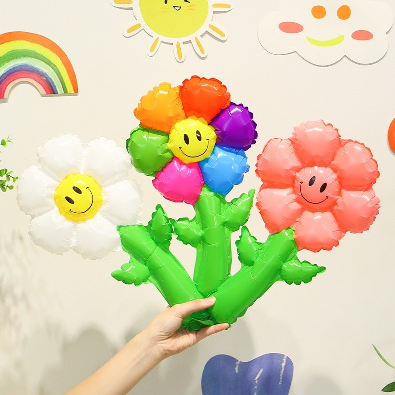 ลูกโป่งอลูมิเนียมดอกเดซี่หน้ายิ้มพร้อมก้านจับ ขนาดเล็ก ลูกโป่งดอกไม้เดซี่ ลูกโป่งดอกไม้ ดอกไม้มีก้าน ดอกเดซี่