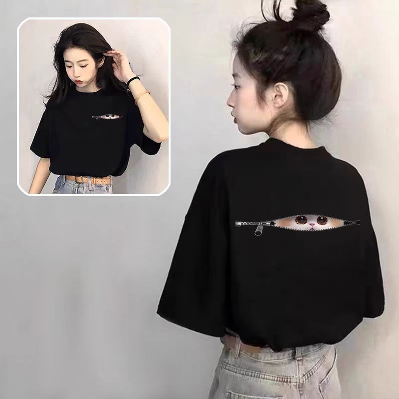 เสื้อยืดแขนสั้นผู้หญิง สไตล์ครึ่งแขน ทำจากผ้าฝ้ายแท้สีดำ ออกแบบให้สวมใส่ง่ายและสบายในฤดูร้อน