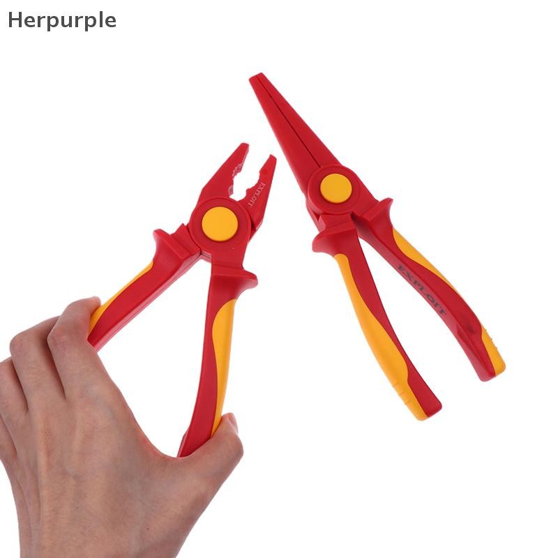 Herpurple คีมพลาสติกหุ้มฉนวนแข็ง 1000V แรงดันไฟฟ้าสูงทนลื่นจับคีมลวดฉนวนคีมจมูกเข็ม TH