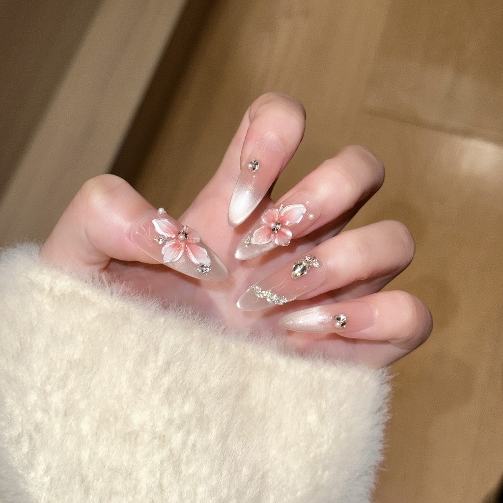 HANDMADE+กาวฟรีArtificial Nail Long Oval Snake Dance รอบดอกไม้-3D แกะสลัก Cats eye Zircon Snake Phototherapy เล็บปลอมกดบนเล็บนํากลับมาใช้ใหม่ได้