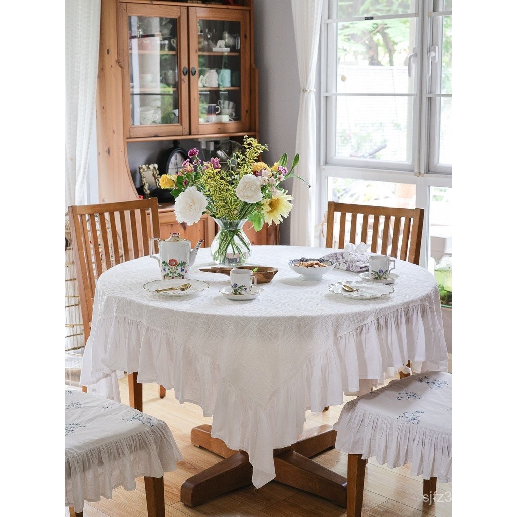 ผ้าปูโต๊ะกันน้ําผ้าปูโต๊ะผ้าฝ้ายผ้าลินิน Ruffled Nordic รอบตาราง PEONY ฝรั่งเศส High-End หรูหรา MISS