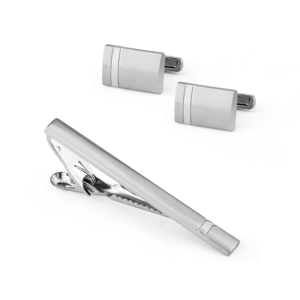 Mens Business Tie Clip Cufflink Set Simple Silver Tie Clip Iron Cufflink