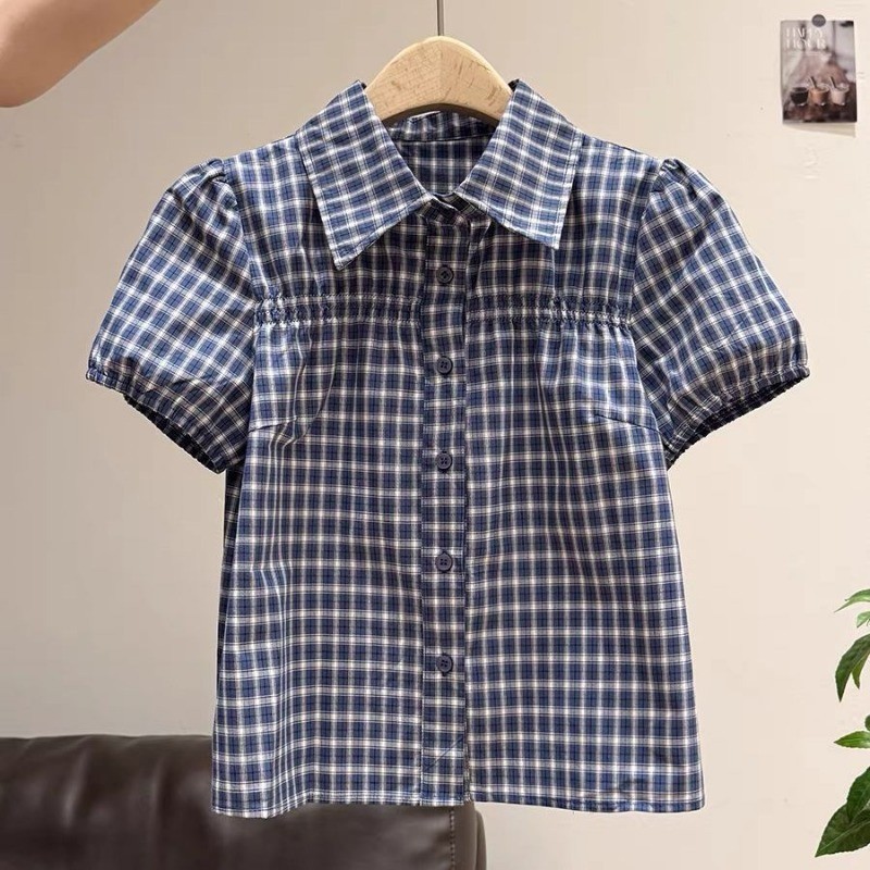 LINNA~Xวินเทจ ตาหมากรุก แขนสั้น เสื้อเชิ้ต เวอร์ชั่นเกาหลี สไตล์ใหม่ แฟชั่น สไตล์ใหม่