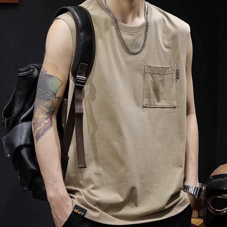 MNO.9 Sleeveless shirt  558 เสื้อแขนกุด มีกระเป๋าหน้ เสื้อกล้ามชาย คอกลม สกรีนลายด้านหลัง ผ้านุ่มClothing Man