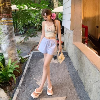 🩵ส่งไวจากไทย🩵ผู้หญิง ลายริ้ว-ปักลูกไม้ กางเกงขาสั้นเอวยางยืด แต่งกระดุม ทรงสวยทรงแปะ ผ้าใส่สบาย