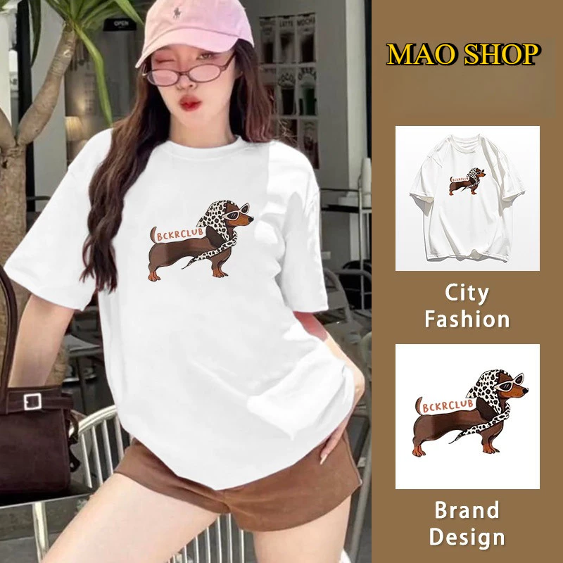 COD✅ (จัดส่งในกรุงเทพฯ) MAO Shop เสื้อยืดแขนสั้นคอกลม ลายพิมพ์ลูกสุนัข ใส่สบายไม่รัดตัว ระบายอากาศ ผ้าฝ้ายแท้ -A24