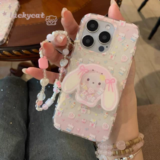 ใช้งานร่วมกับiPhone 16 15 14 13 12 11 Pro Max X Xr Xs Max 7 8 Plus SE2020 เคสโทรศัพท์Insน่ารักสีชมพูโบว์กระต่ายหูKT Cat + Lanyard + Stand Softปกหลัง