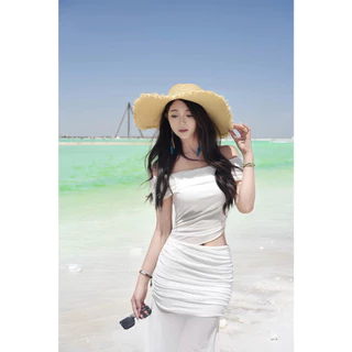 เดรสยาว สีดำ/สีขาว ทรงเอ ไหล่สม็อคพับลง เปิดไหล่ เว้าเอวข้างซ้าย ผ้าตาข่ายมีซับใน สะโพกสม็อคยางยืด #9250