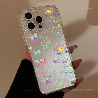 น่ารักสีสันรูปแบบการ์ตูนสําหรับiphone 16 15 14 13 12 11 Pro Max 7 8 Plus XR แฟชั่นBright Glitter Clear TPUกันกระแทกนุ่ม