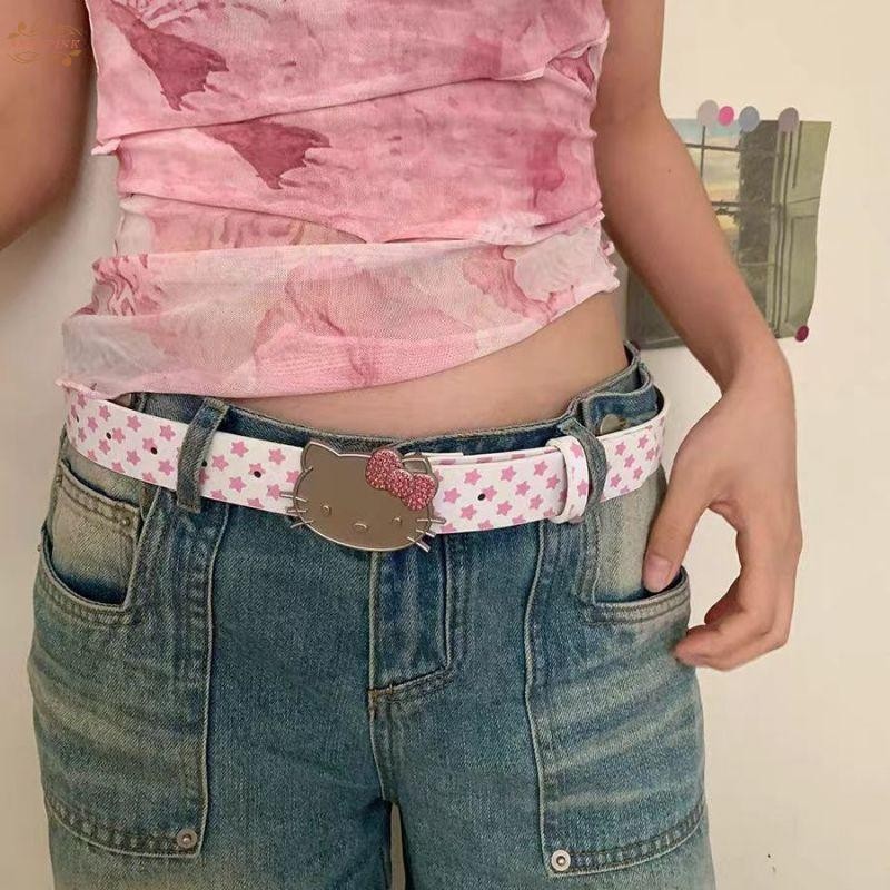 เข็มขัดแฟชั่นHello Kitty พิมพ์ลายเสือดาว ปรับขนาดได้ ดีไซน์สวยงามสำหรับสวมใส่ทุกวันและกางเกงยีนส์
