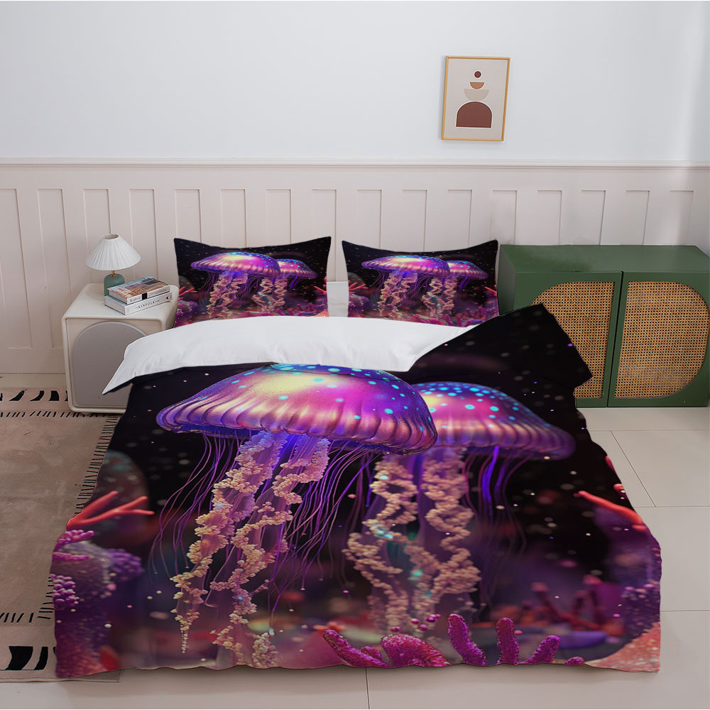 ชุด 3 ชิ้นแมงกะพรุนสดใสในการออกแบบอวกาศคอสมิก ชุดบีดิ้งปก 1Duvet + ปลอกหมอน 2 ใบไม่มีแกน เหมาะสําหรั