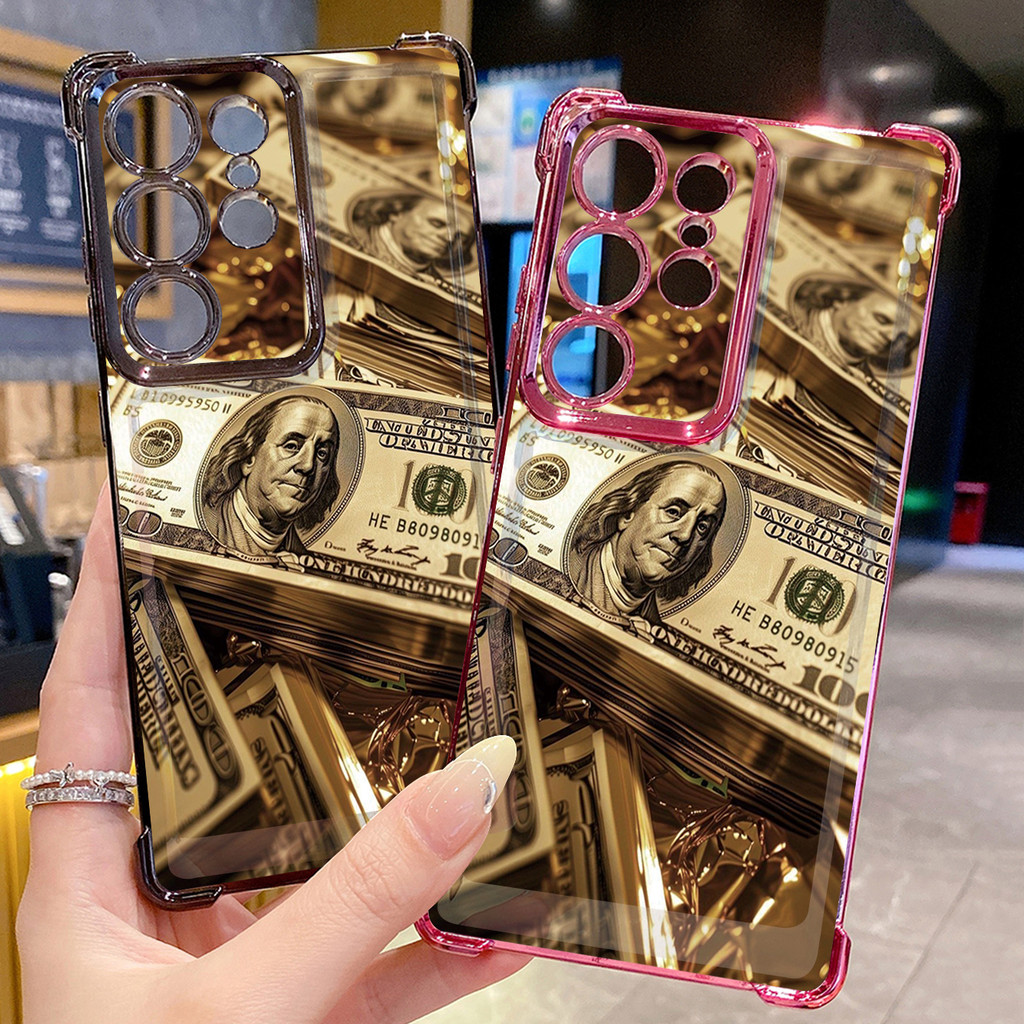 สําหรับ Samsung Galaxy S25 S24 S23 Ultra S22 Plus S21 FE S20 Golden Dollar Clear Plating Case Anti D