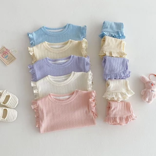 ชุดเด็กผู้หญิงแบบใหม่ สีทึบ เซ็ตสองชิ้น กางเกงขาสั้นเกาหลี