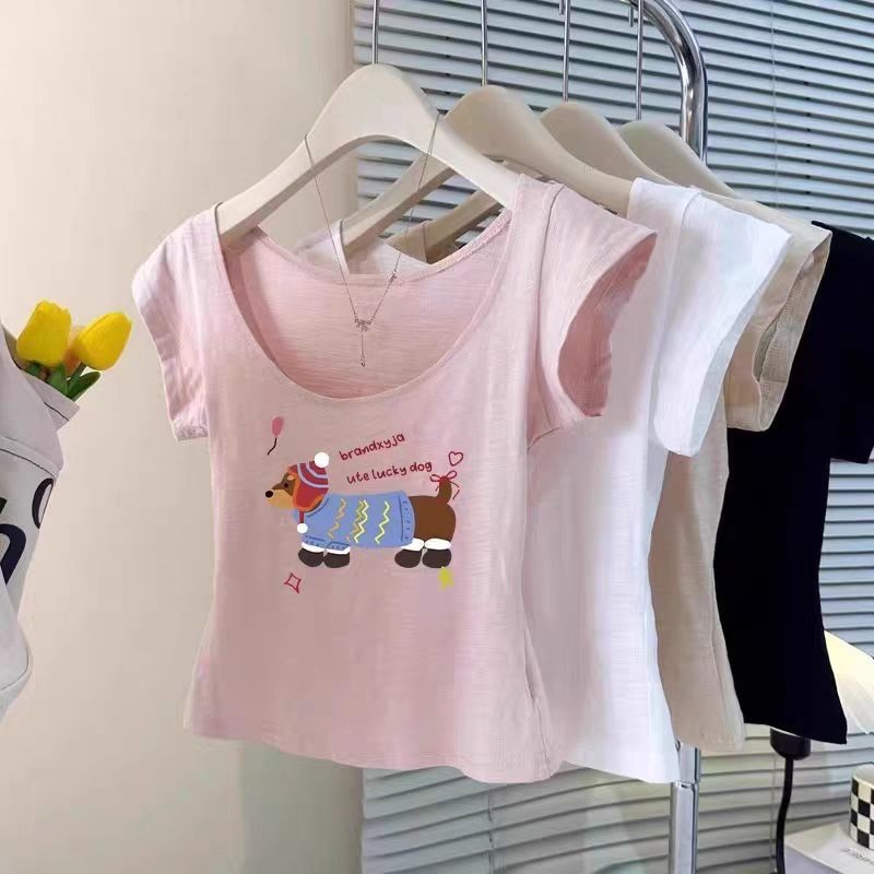 เสื้อยืดผ้าฝ้ายลายพิมพ์แบบ Slub สไตล์เกาหลี สำหรับฤดูร้อน ไหล่โถ่ง แขนสั้น U-neck ทรงเพรียว - รูปที่ 3