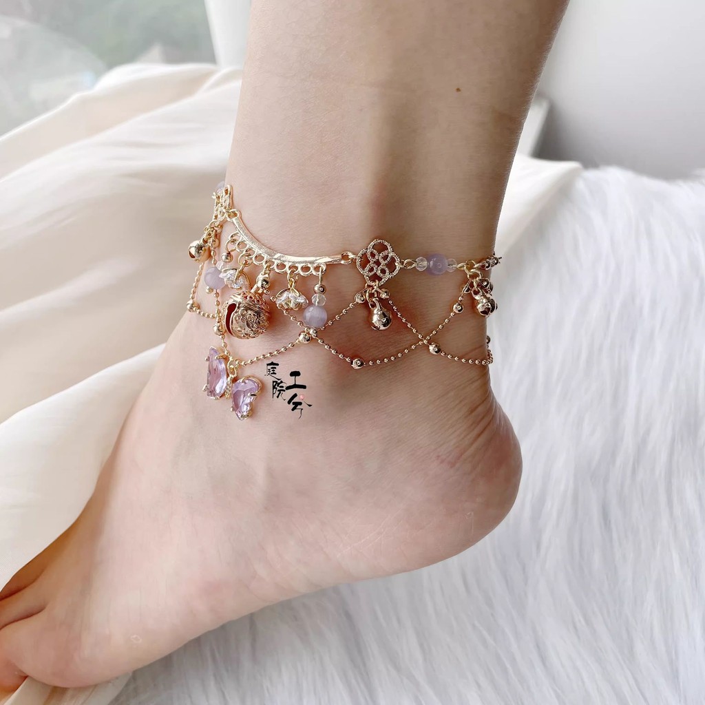 ฝรั่งเศสสีม่วงผีเสื้อ Bell สร้อยข้อเท้าหญิง Hanfu โบราณ cos อุปกรณ์เสริมพู่ Exotic อุปกรณ์เสริม W9.1