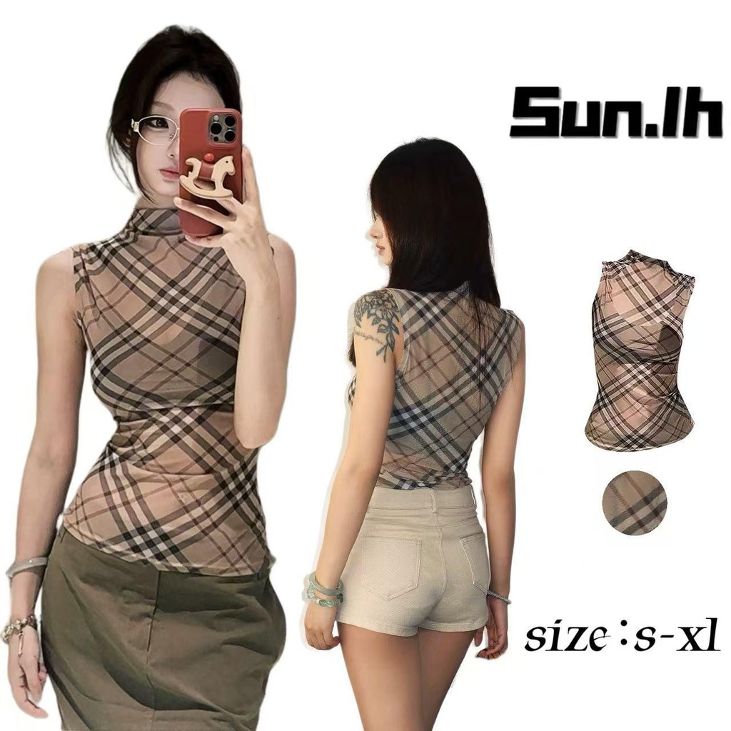 SUN🛍️พร้อมส่ง🛍️เสื้อกล้ามแขนกุดสไตล์เกาหลีฤดูร้อน เสื้อเชิ้ตลายสก๊อตผู้หญิงรุ่นใหม่ สาวเซ็กซี่สุดฮอต