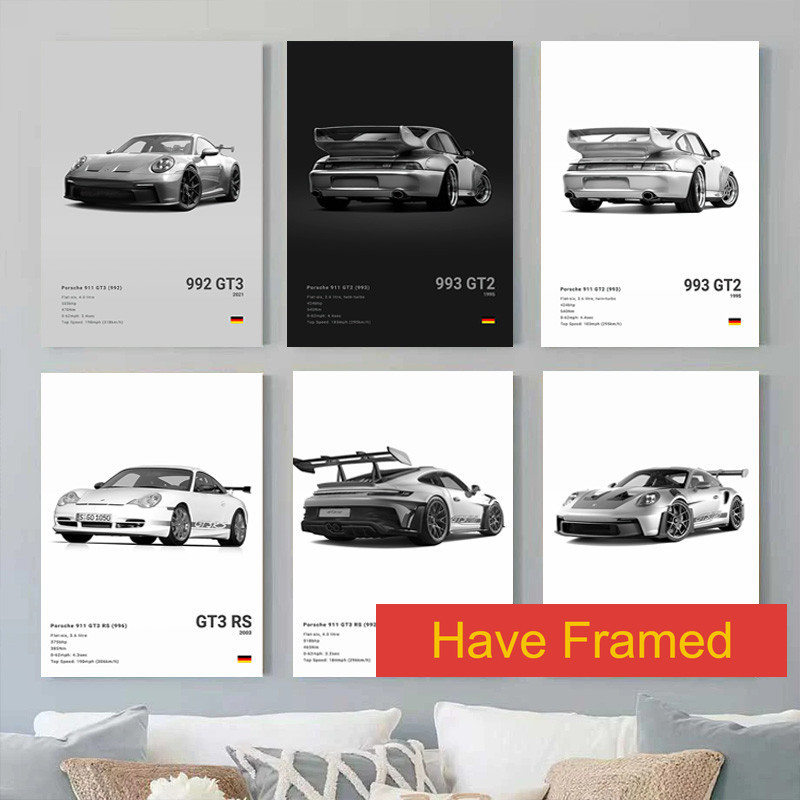 (มีกรอบ) สีดําและสีขาวหรูหรากีฬารถโปสเตอร์ภาพวาดผนัง 911 GT3 อาร์เอส ภาพวาดผ้าใบตกแต่งโรงรถตกแต่งห้องผ้าใบภาพวาด
