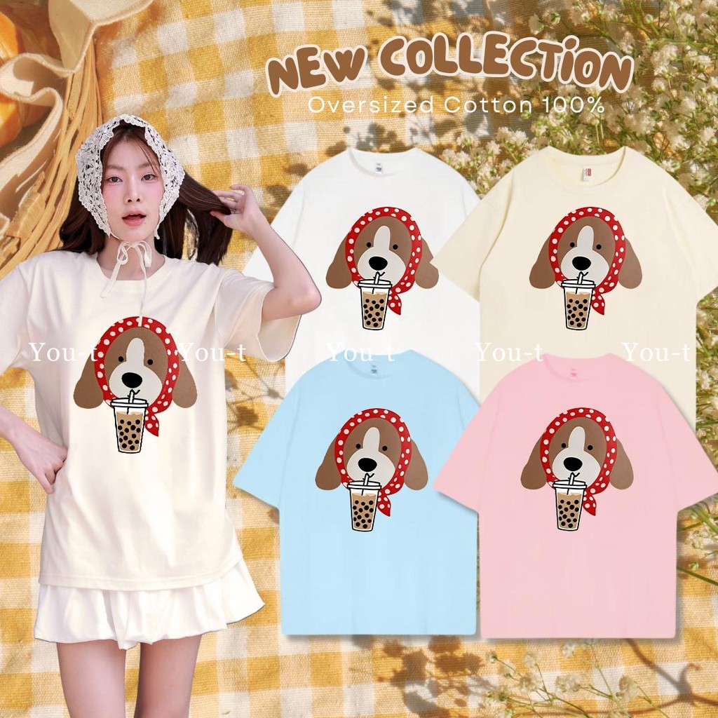 UM🎀 เสื้อทูโทน เสื้อน่ารัก สื้อยืด oversize โคตรนุ่ม ผ้าคอตตอน ลาย "Milk tea bandana dog" สินค้าใหม่