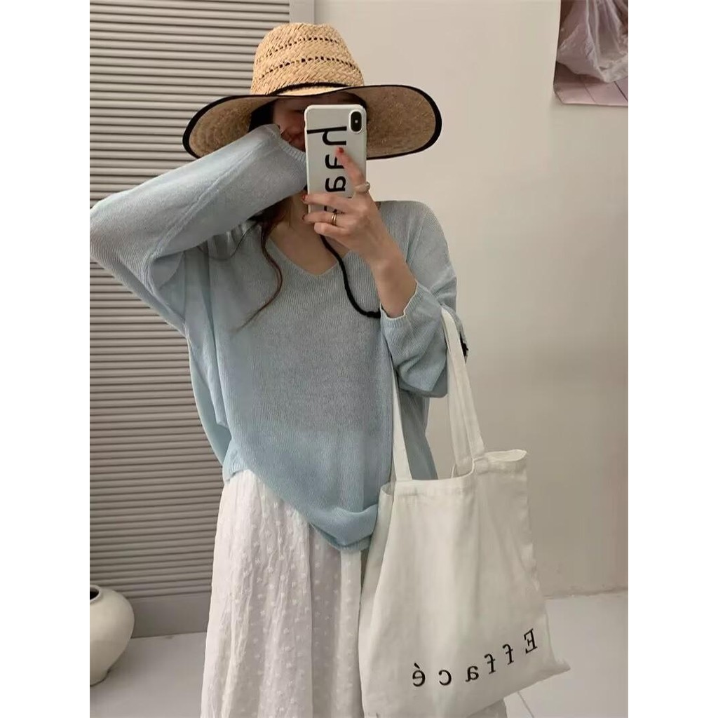 เสื้อกั๊กโปร่งแสง Tencel ผ้าลินินลายครีม กันแดด คอวี คล้องคอดี สำหรับปี 2025 ในสไตล์เกาหลีใหม่ | Hap