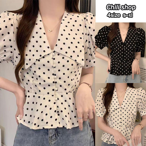 Chili#เสื้อคอตุ๊กตาแขนพองลายจุดไซส์ใหญ่ฤดูร้อนสไตล์ใหม่อ้วนเล็กน้อยและบางเสื้อเชิ้ตแขนสั้นอเนกประสงค์ผู้หญิง #99139