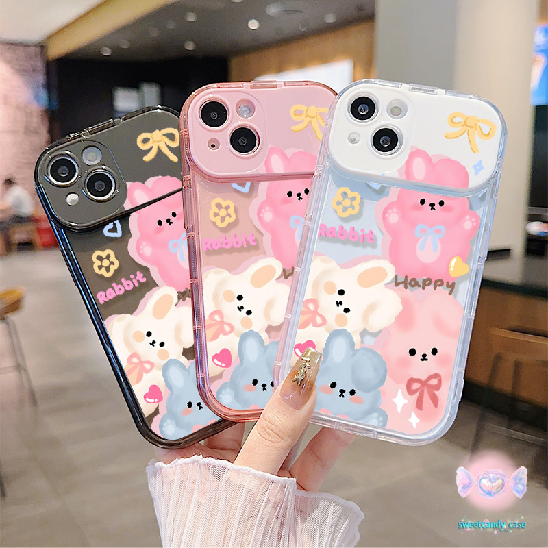 จัดส่งในพื้นที่ เคสกระจกแต่งหน้า มีขนดก สีชมพู กระต่ายสามตัว น่ารัก ForIPhone 16 15 14 13 12 11 7 8plus Pro Promax XR XS
