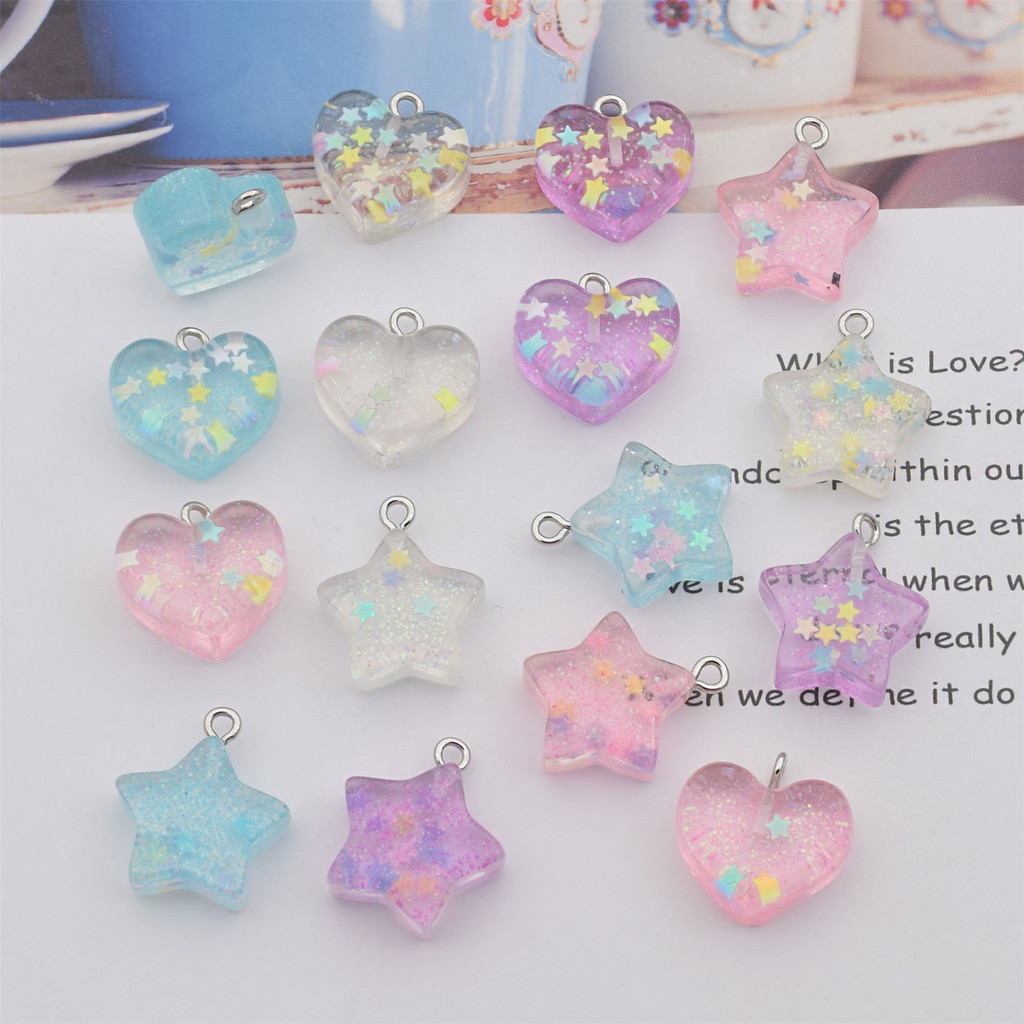 อะไหล่เครื่องประดับ DIY จี้เรซินแวววาว รูปดาวและหัวใจ