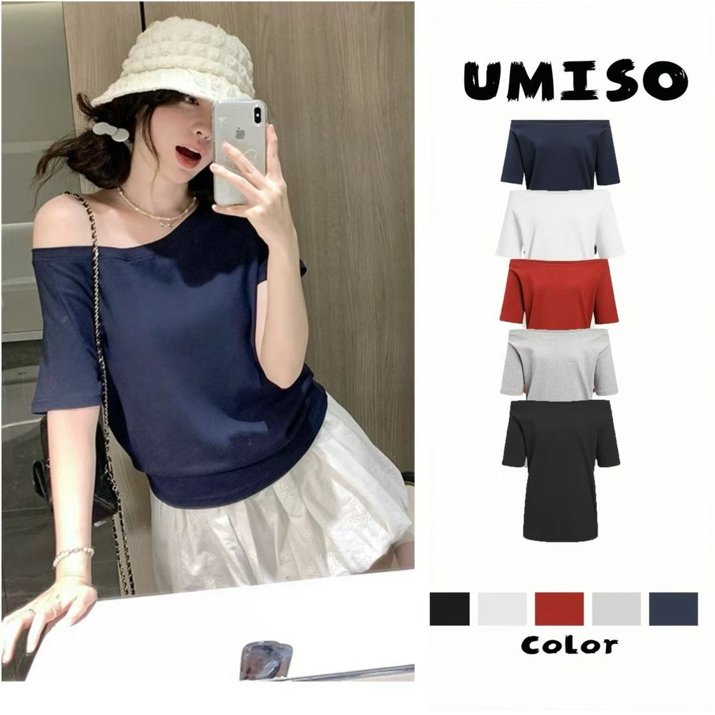 พร้อมส่ง เสื้อเเขนสั้นผู้หญิง เสื้อยืดเปิดไหล่ ทรงหลวม ใส่เเบบเปิดไหล่ได้ ผ้านิ่มUMISO