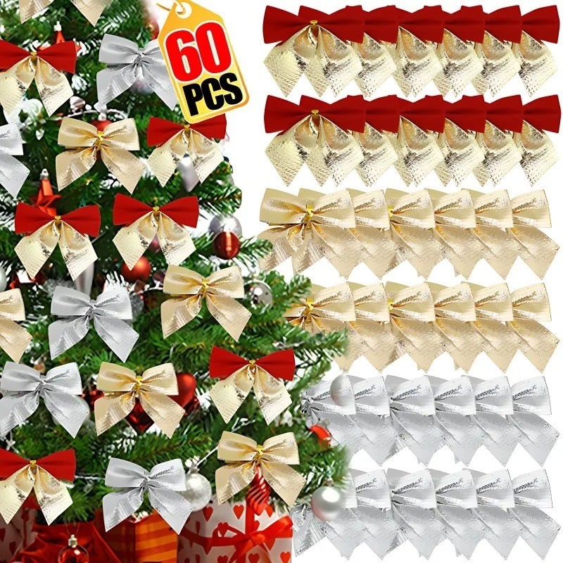 12/36/60ชิ้นมินิคริสต์มาสกุทัณฑ์/ต้นคริสต์มาสเครื่องประดับโบว์ขนาดเล็ก/พวงหรีดปาร์ตี้ปีใหม่ของขวัญตกแต่ง