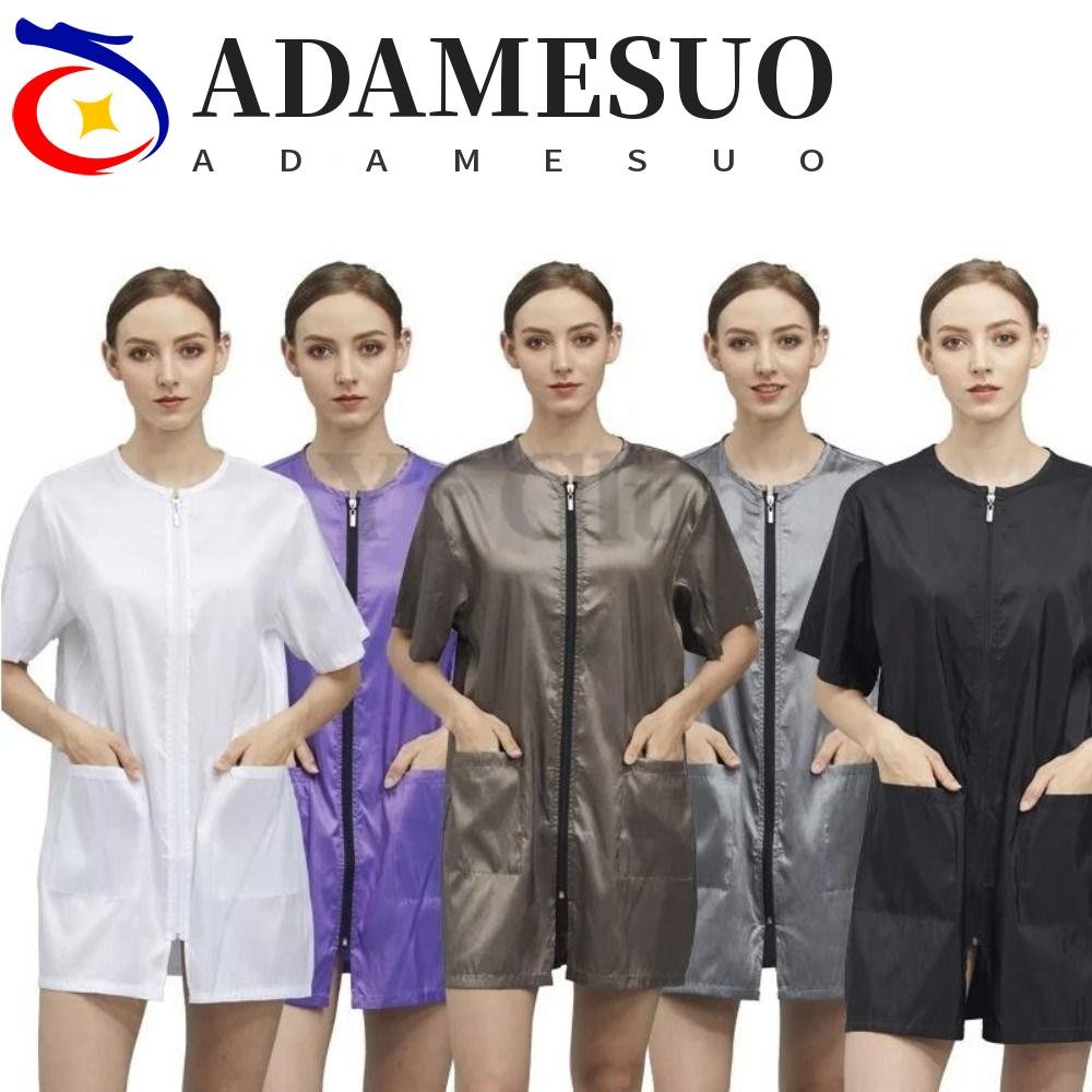 ADAMESUO ร้านตัดผมเสื้อผ้าทํางาน,สั้น/แขนยาวไม่ติดผมร้านทําผมเครื่องแบบ, Smock Breathable โพลีเอสเตอร์ง่ายซิปช่างทํา Robe Hairstylist