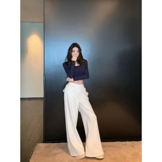 MOSESQUEEN กางเกงขากว้างทรงตรงหลวมเอวสูง เพื่อความสบายและสไตล์ขี้เกียจ ใช้งานได้หลายโอกาส #63213